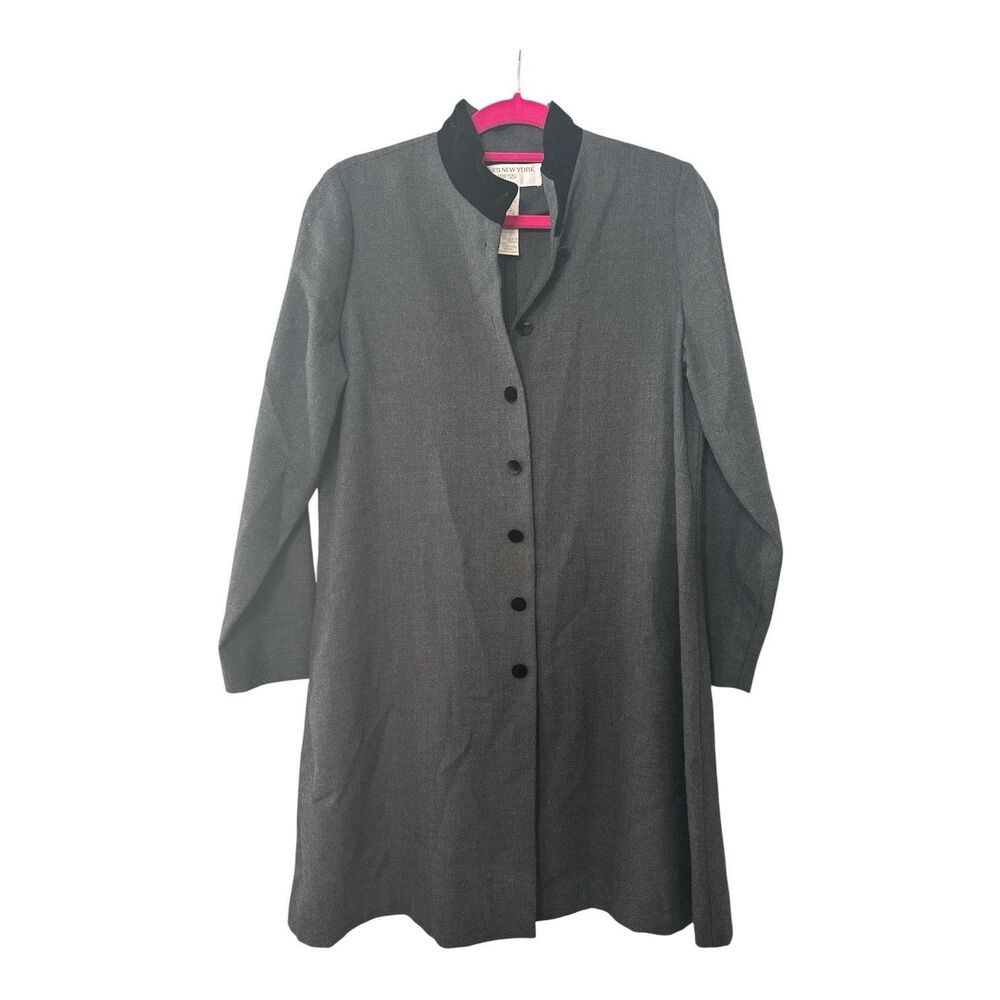 Jones New York Wool Button Down Shirt Dress Gray Black Velvet Collar Grandma 12P